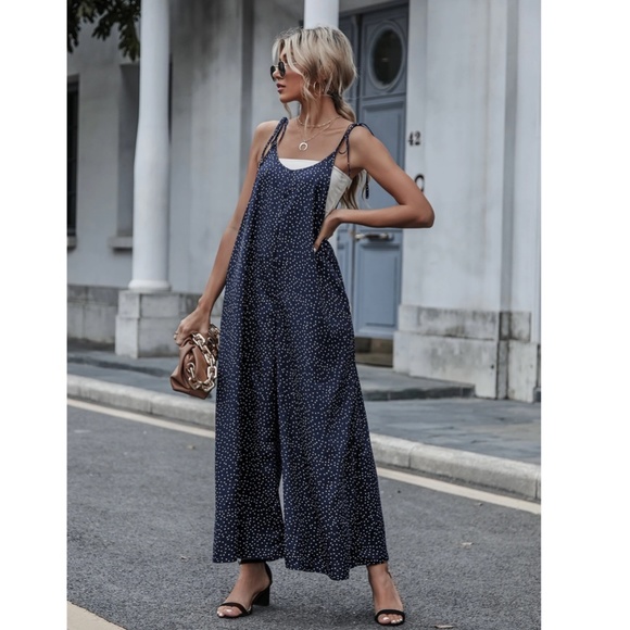 Tie Shoulder Polka Dot Navy Blue Wide Loose Fitting Jumpsuit - Picture 4 of 8